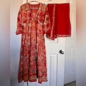 Indian Dress with Pants & Dupatta – Red/Orange, Medium, Never Worn
